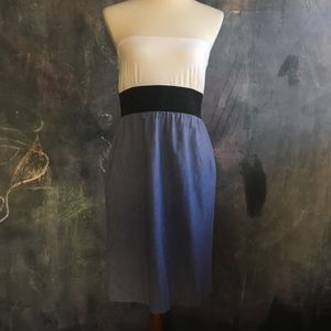 White, Blue & Black Colorblocked Strapless Dress